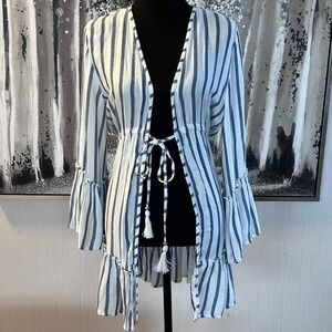 Blue Island Striped Bell Sleeve Open Front Tassel Tie Cover Up Tunic NWT- Size M